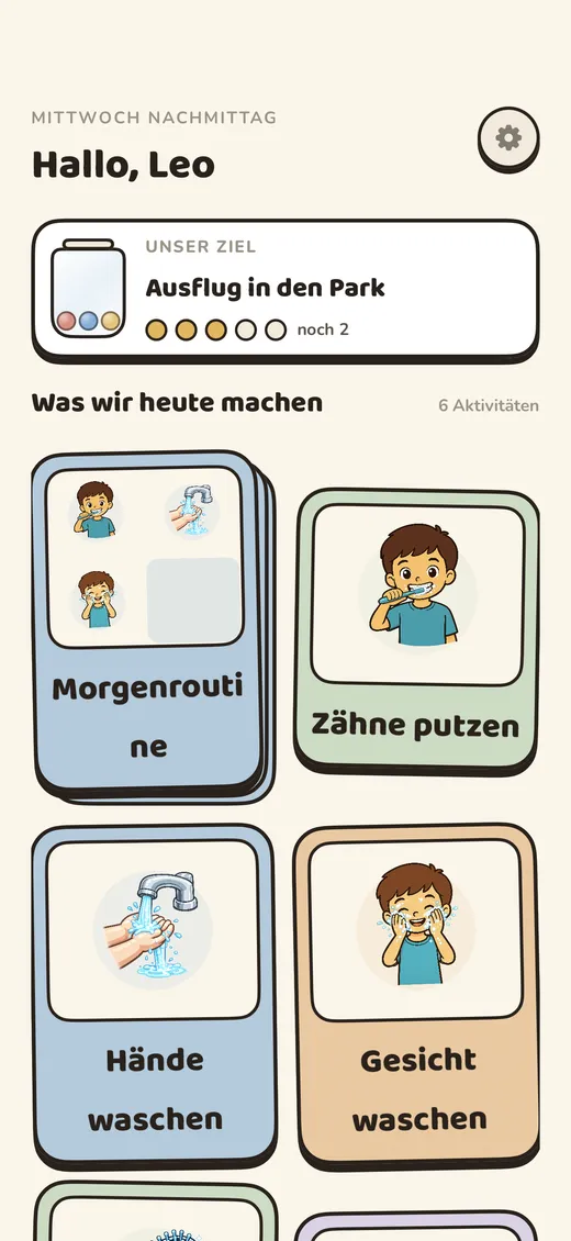 Der ruhige, aufgeräumte Kinderstartbildschirm mit den heutigen Aktivitäten