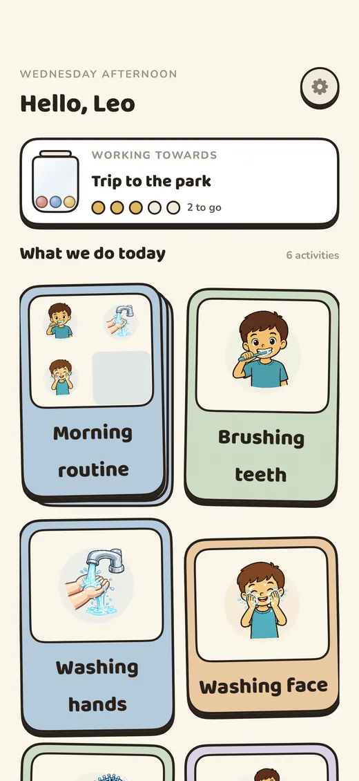 The calm, uncluttered child home screen with today's activities