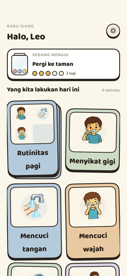 Layar utama anak yang tenang dan rapi berisi aktivitas hari ini