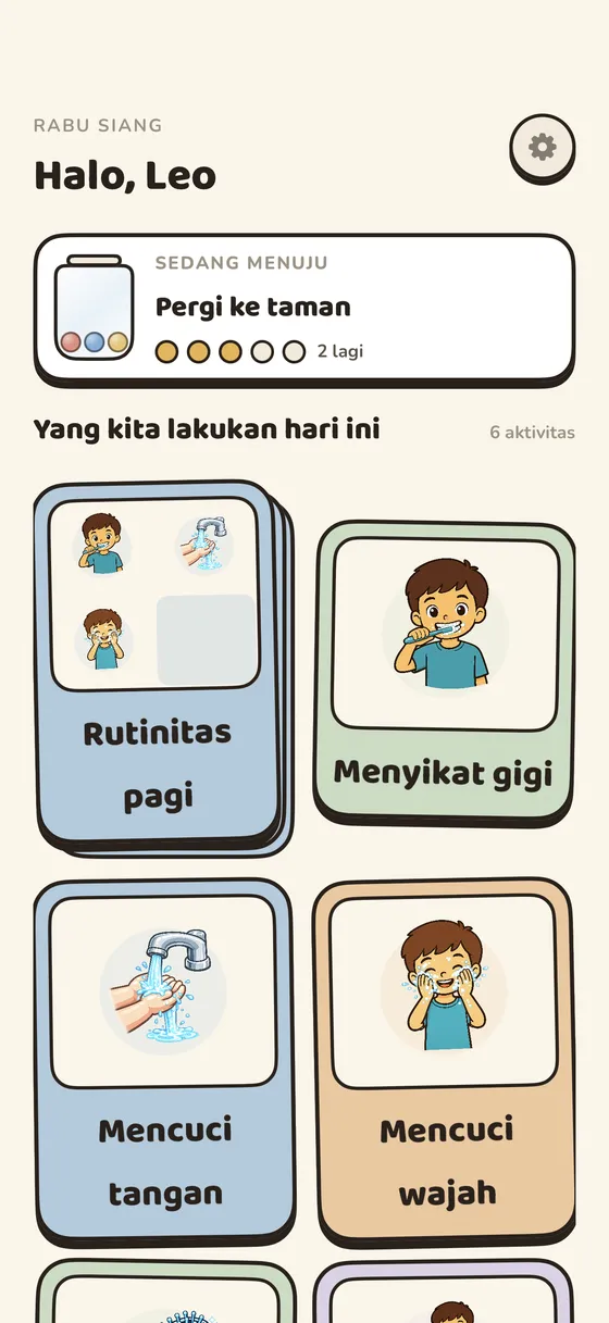 Layar utama anak di Tandli yang menampilkan rutinitas hari ini sebagai kartu bergambar