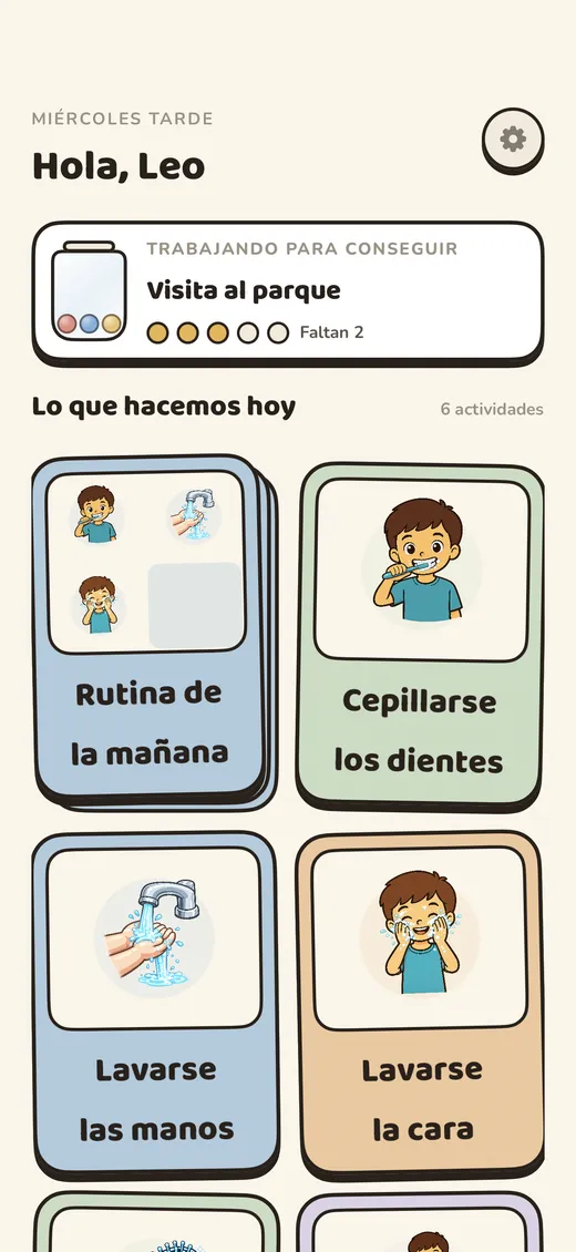La pantalla de inicio del niño, tranquila y despejada, con las actividades de hoy