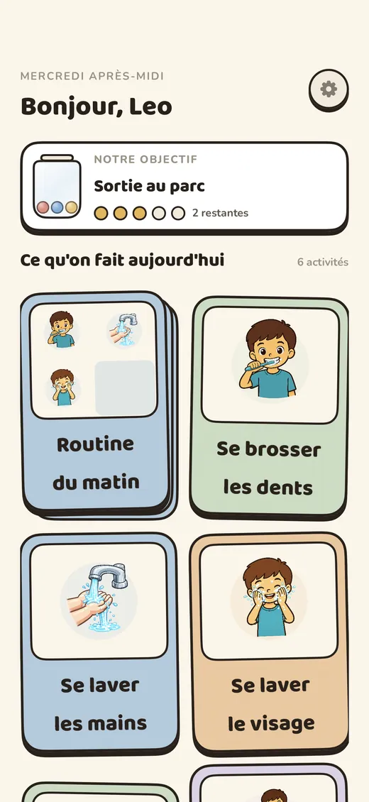 L’écran d’accueil enfant, épuré et apaisant, avec les activités du jour