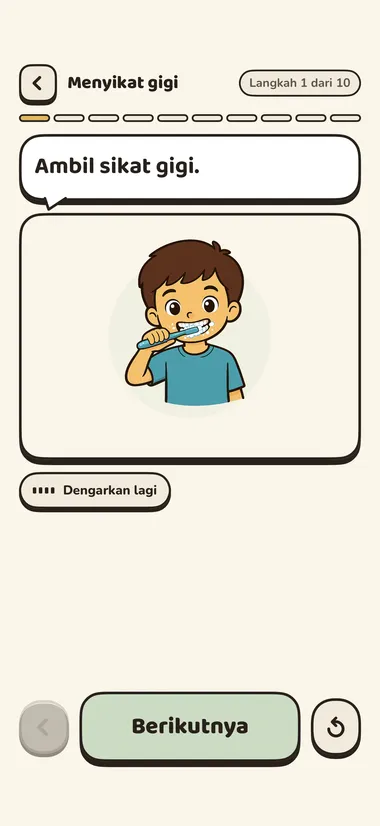 Anak mengikuti satu langkah dengan gambar dan petunjuk