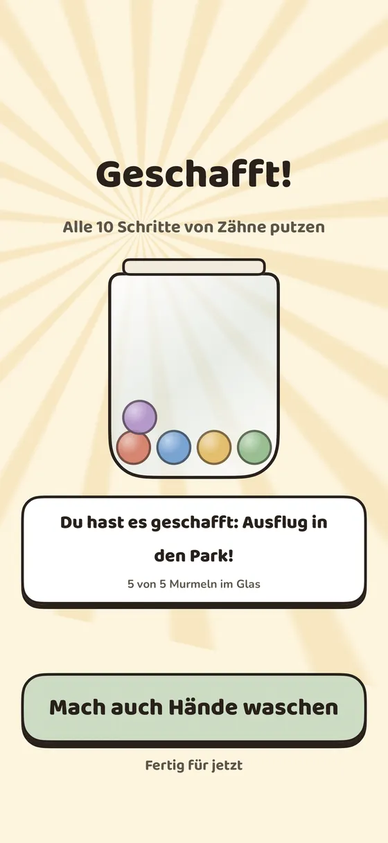Das volle Belohnungsglas eines Kindes am Ziel, mit einer Feier
