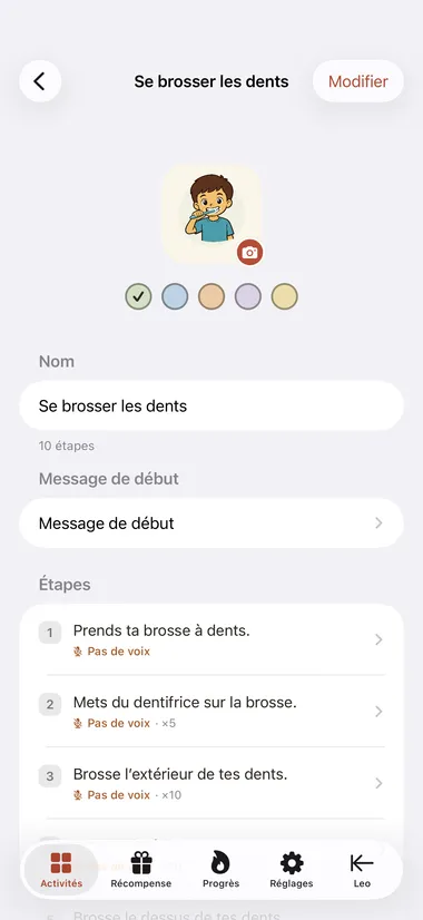 L’éditeur d’activité affichant une liste d’étapes numérotées