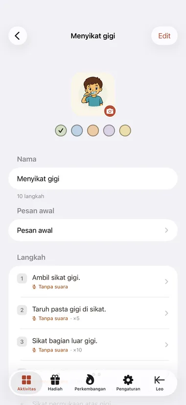 Editor aktivitas menampilkan daftar langkah bernomor