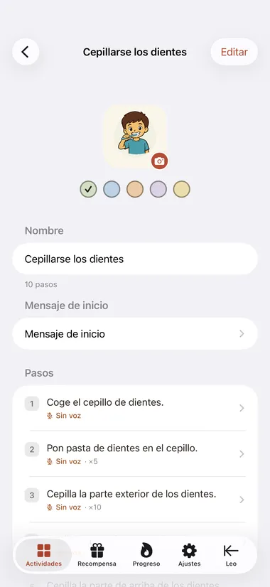 El editor de actividades con una lista de pasos numerada