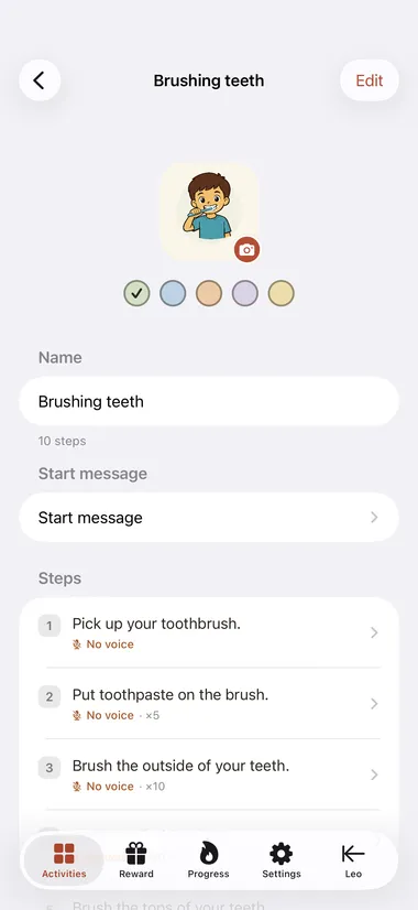 The activity editor showing a numbered list of steps