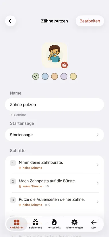 Der Aktivitätseditor mit einer nummerierten Liste von Schritten