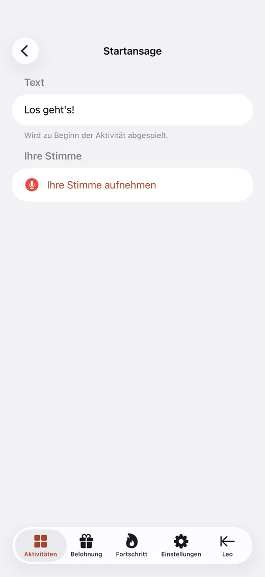 Der Elternbildschirm zum Aufnehmen eines Schritts in der eigenen Stimme
