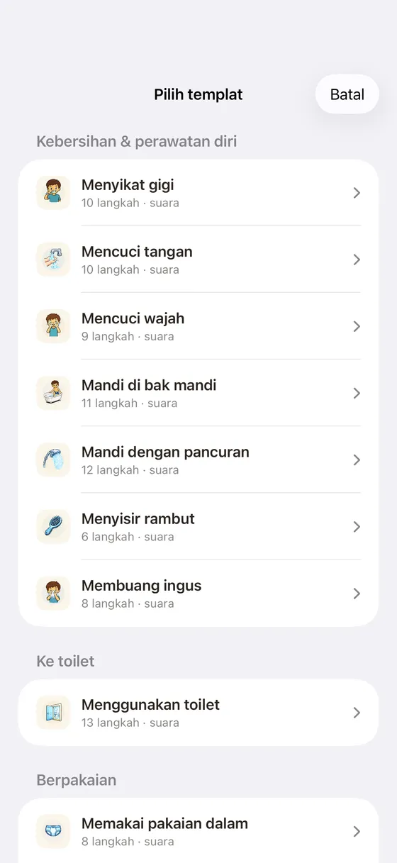 Memilih dari aktivitas siap pakai Tandli yang sudah dipecah melalui analisis tugas