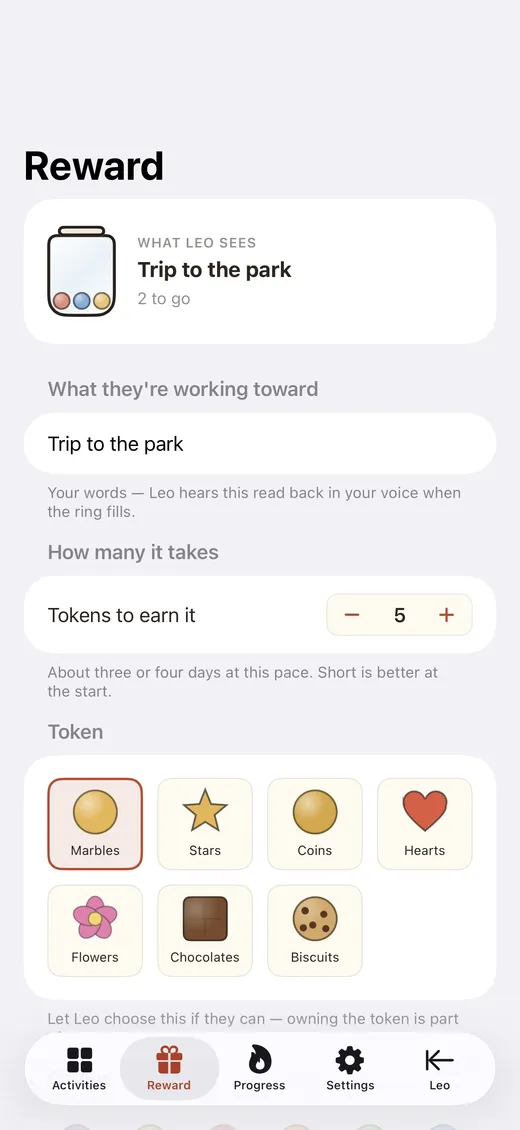 The reward setup screen with token styles
