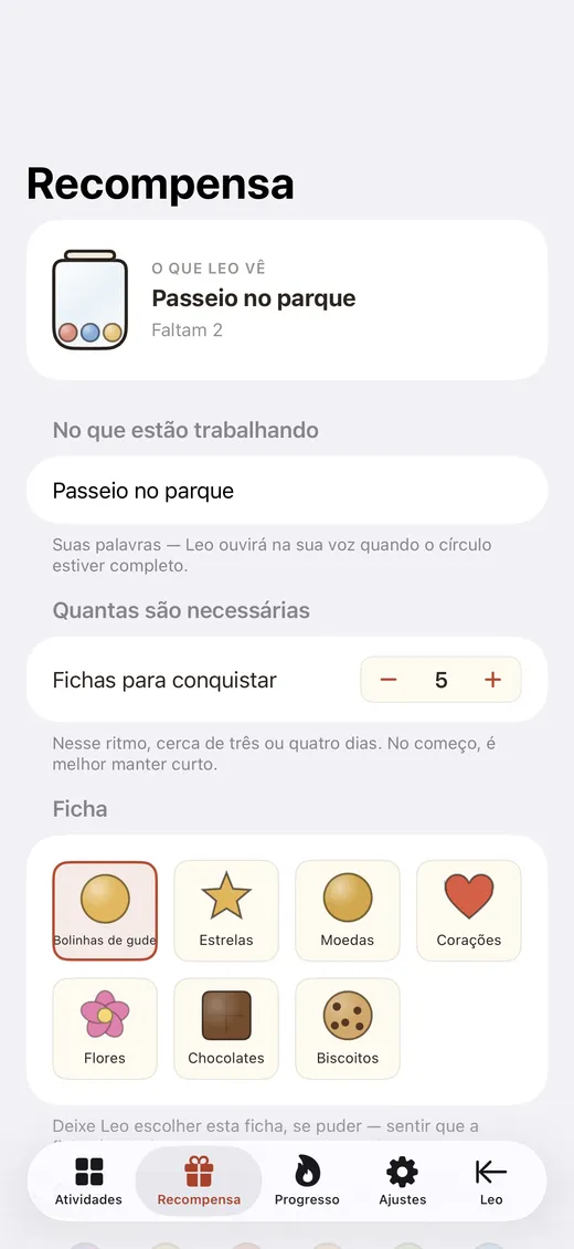 A tela de configuração da recompensa com estilos de fichas