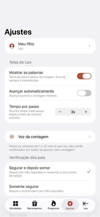 Configure separadamente para cada criança